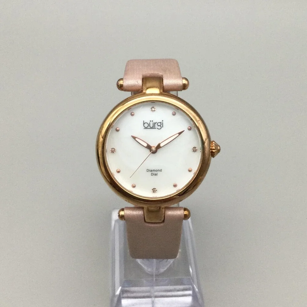 Burgi Womens Watch 35mm MOP Diamond Dial Rose Gold Tone Pink Leather New Battery